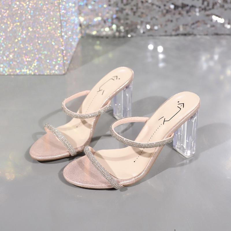 

thick heel high heel cool slippers women s summer new rhinestone outer wear fashion casual word with sandals women 40 хаки