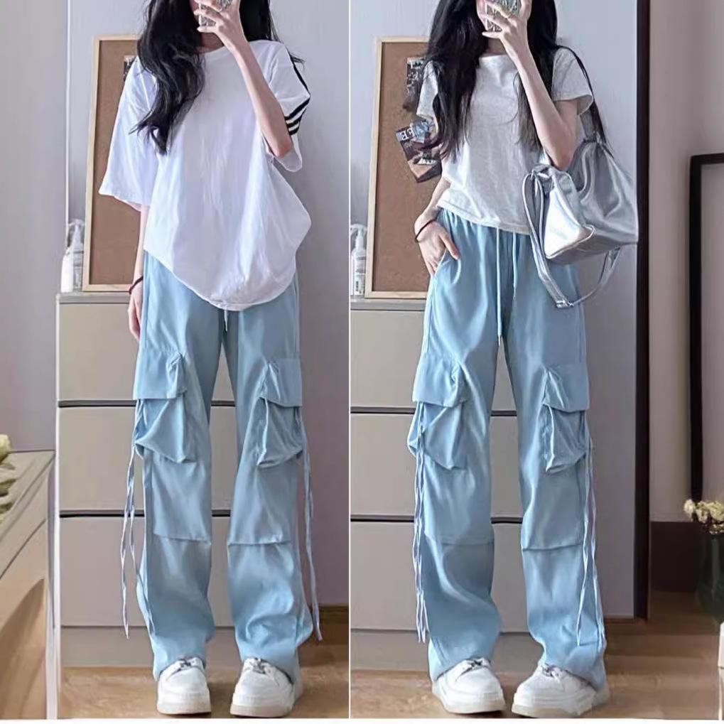 Women's Pink High-Waist Parachute Overalls - Quick-Drying, Wide-Leg, Casual American Sports Pants for Spring, Summer, and Autumn