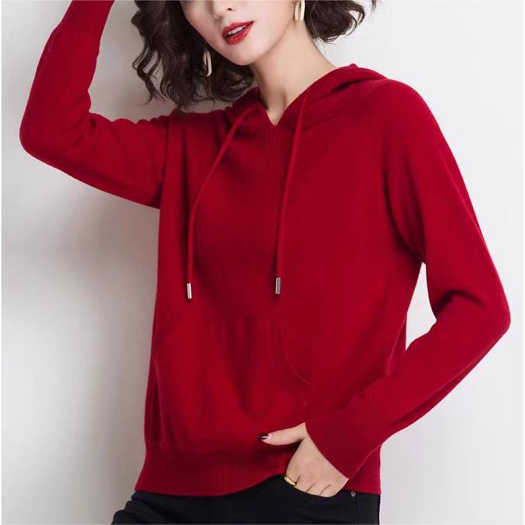 Classic sweater jacket knitted top spring and autumn long sleeves solid color versatile casual shoulder sleeves hooded sweater women's