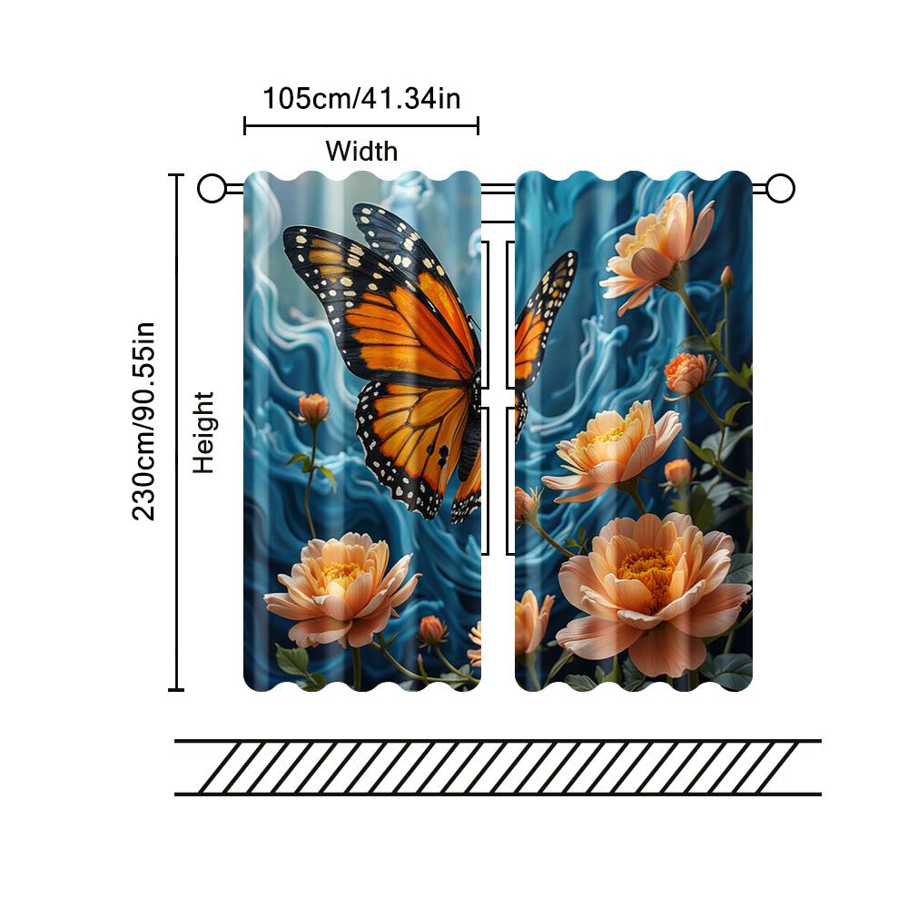Set Of 2 Filtering Curtains Excluding Rods Non Movable Without Batteries Butterfly Flowers Use Bedrooms Living Made Polyester Bedroom Window Treatment