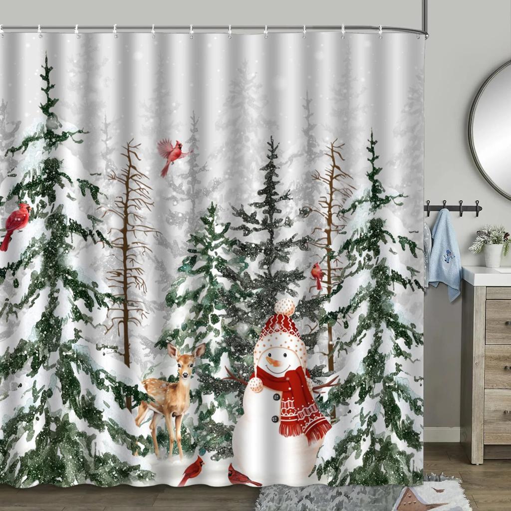 unframed Christmas Shower Curtain, Winter Farm Barn Snowman Animal Moose Berry Christmas Tree Snow Scene Red Bird Bathroom Dec