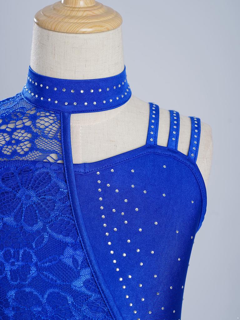 Dívčí trikotové šaty s falešným rolákem, květinovou krajkou a kamínky, asymetrickým ramenem a nepravidelným lemem, kostým pro lyrický tanec