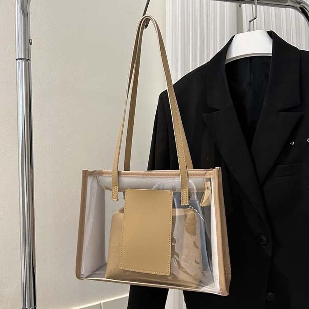 2pcs/set Large Capacity Transparent Jelly Bag PU Leather Handbag PVC Composite Tote Bags Women