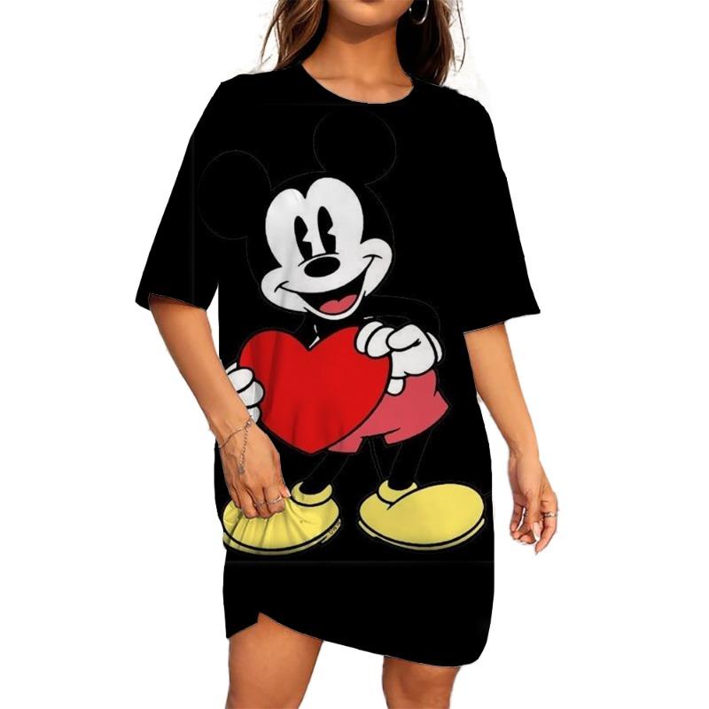 

Disney Mickey Mouse print Women Dress Elegant Sweet Casual Short Sleeve Loose A-Line Dress Summer Beach Dress Female Sundress M