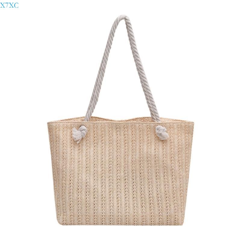 X7XC Stylish Hollow out Straw Shoulder Bag Large Handbag for Ladies Casual Use