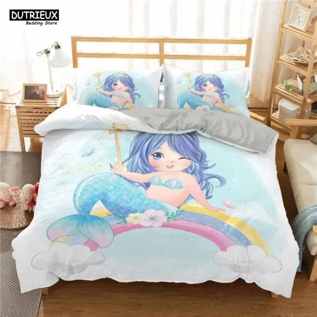 Luxury New 3D Print Cartoon Blue Mermaid Duvet Cover Beautiful Girl With Unicorn Bed Cover Single Double Queen King Bedding Set