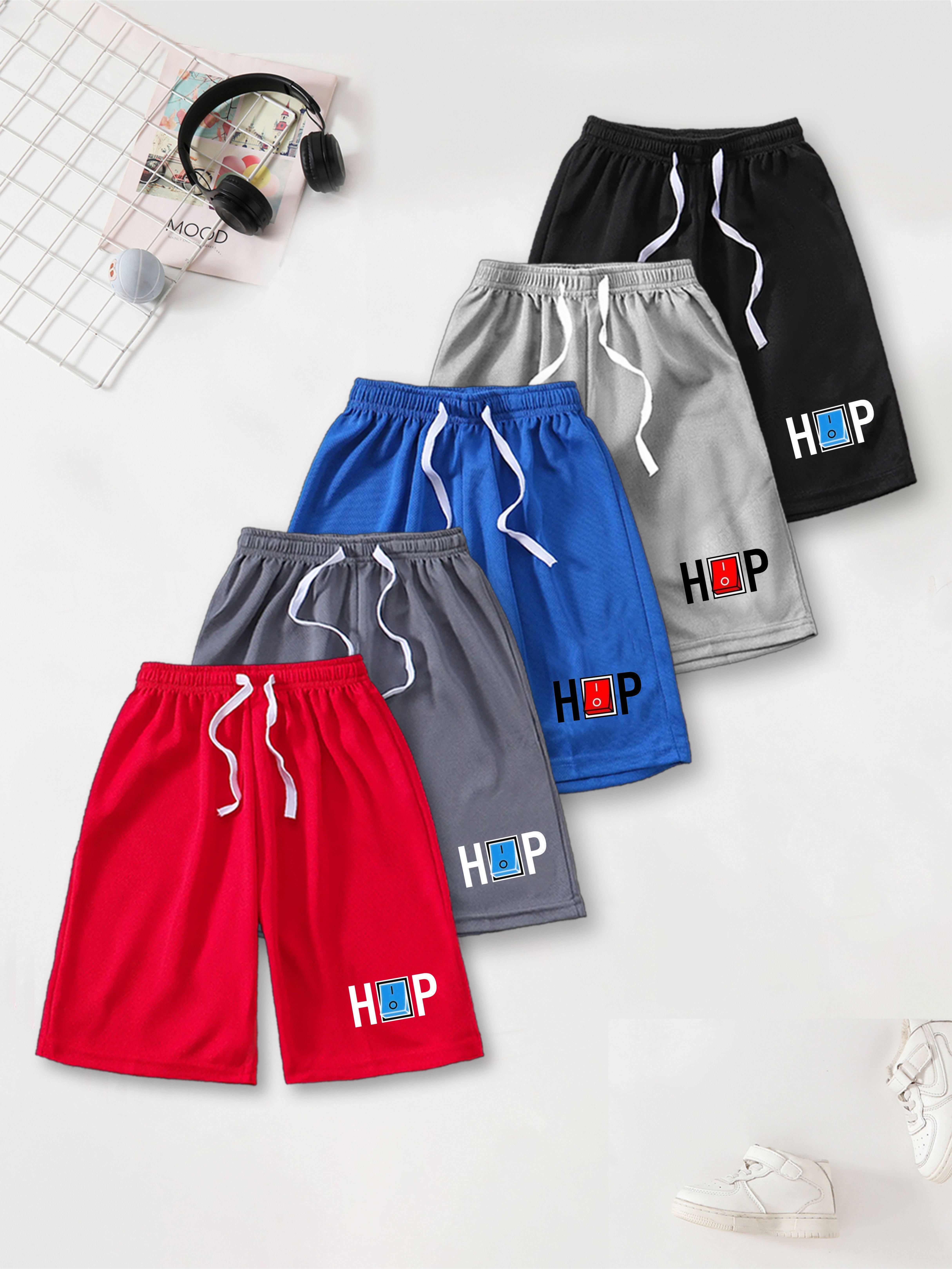 

Boys Sports Shorts | HOP Letter With Box‑Style O Graphic Print | 5 Colors Elastic Waist 160 чорний/синій