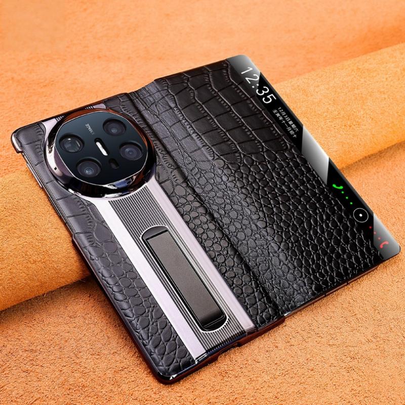 Luxury Genuine Leather Crocodile Flip Case For Huawei Mate X6 X5 X3 Smart View Window Invisible Metal Kickstand Case Cover