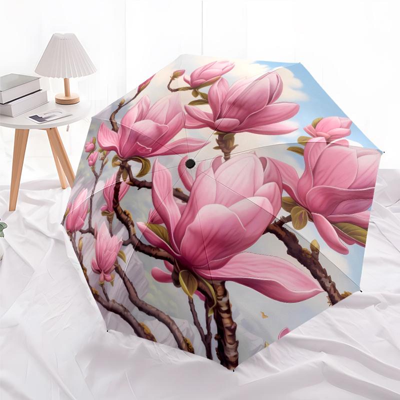 

Pink Magnolia Blossoms Patterned Fishion Umbrella - 8 Ribs, Plastic Handle, Auto Open/Closed, Portable Sunshade, Perfect for H