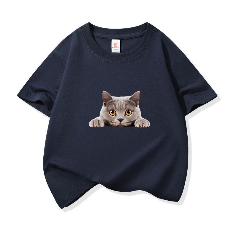 Kids Cotton T Shirt Peeking British Blue Cat Pattern Print Crew Neck Short Sleeve Tee Casual Breathable Boys Girls Summer Tops