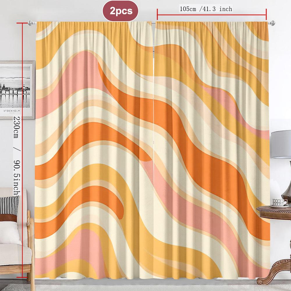 Colorful Wave Curtains Set of 2 – Abstract Rainbow Swirls, Rod Pocket Semi-Sheer Drapes for Kitchen & Living Room