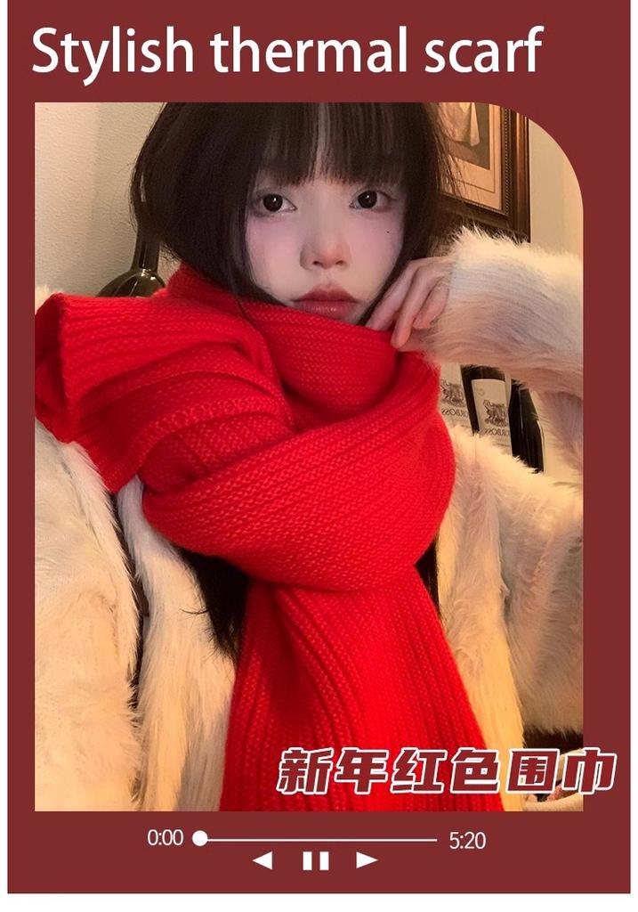 New Year's Eve red knitted wool scarf women's winter Korean version versatile atmosphere student warm scarf thickened