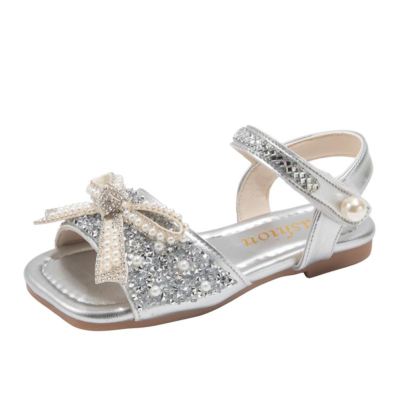 

Girls Crystal Sandals for Party Wedding Children Pearls Princess Sandals with Bow-knot Kids Summer Beach Shoes Soft Sole 24