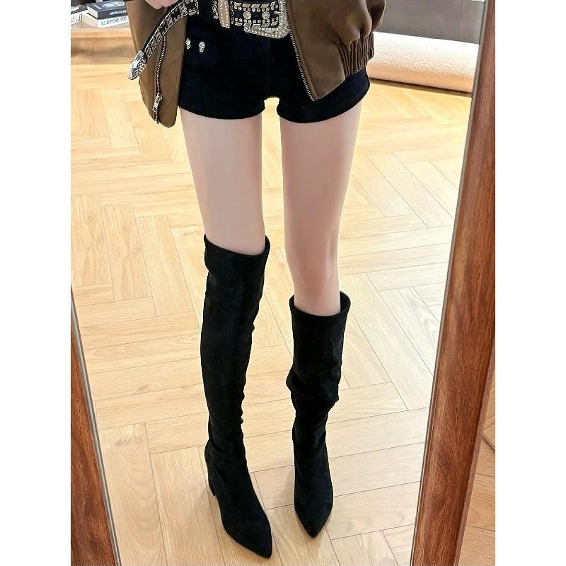 Pointed high-heeled knee boots New thick-heeled elastic thin boots Skinny boots