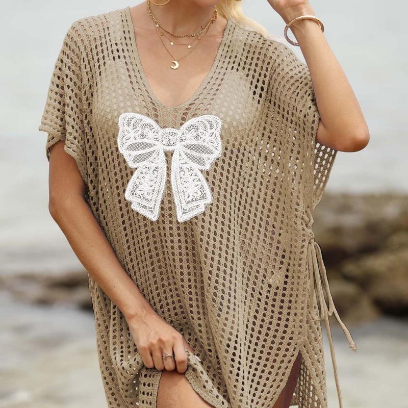 Plus Size Women's Lace Butterfly Splicing Woven Hollowed Out Beach Bikini Smock Dress