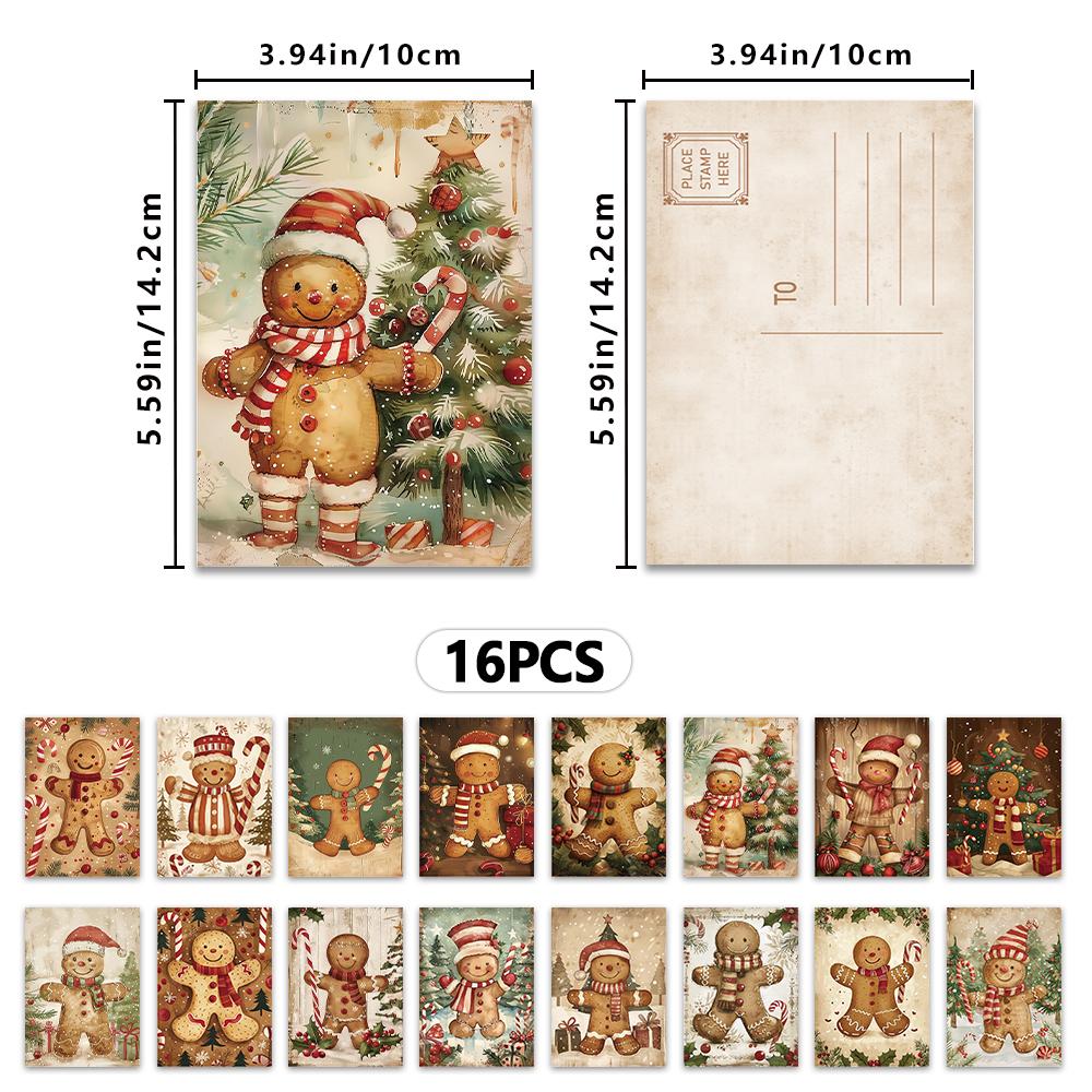 

16pcs Vintage Christmas Gingerbread Man Postcard Set, Halloween Teacher Gift, Back-To-School,High-Quality Cardstock