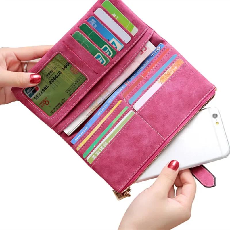 Solid Drawstring Nubuck Leather Zipper Long Women Wallet Phone Bag  Wallets Designer Purse Card Holder Clutch