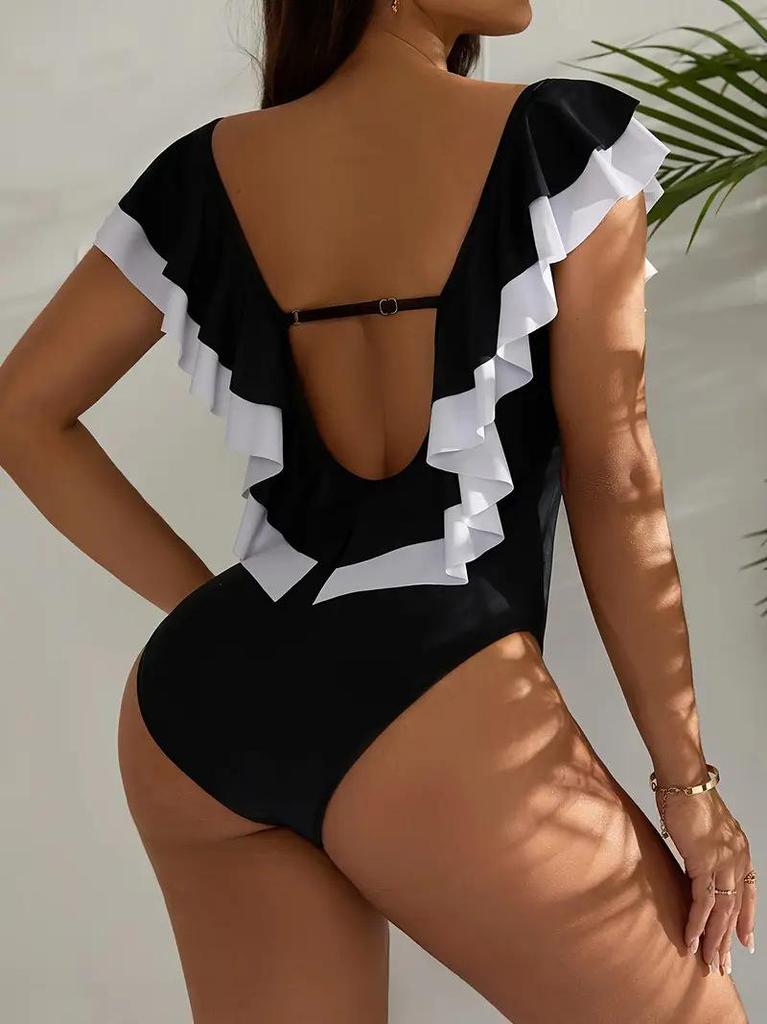 2025 European American Black & White Ruffled Slimming One-Piece Swimsuit - Fairy Style
