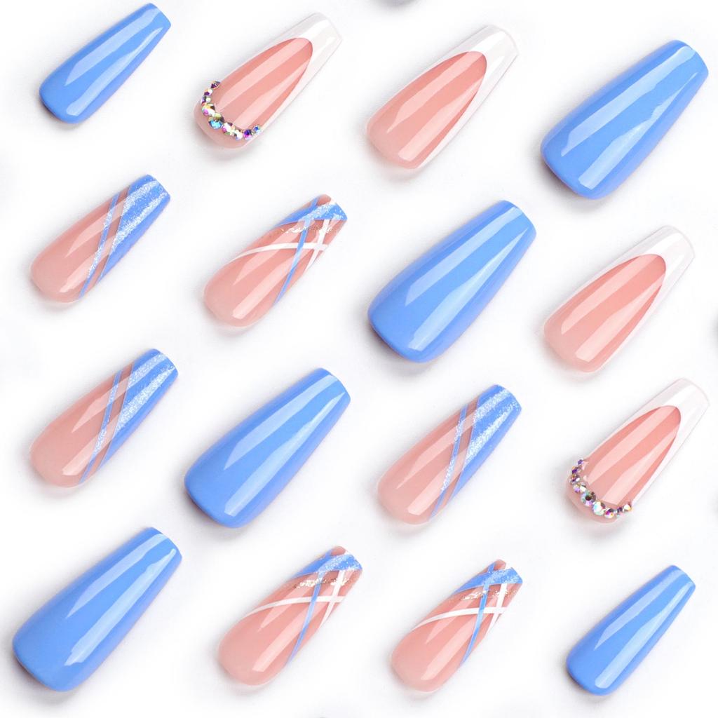 Blue Long Style Wearable Nail Art Tips and Stickers