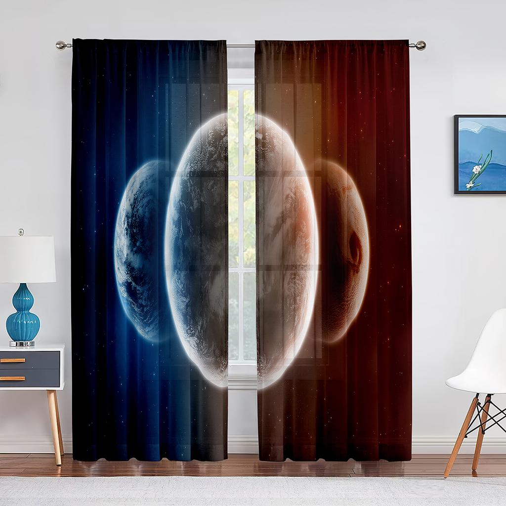 Space Planet Earth Mars Mercury Galaxy Tulle Curtains for Home Office Window Bedroom Kitchen Modern Chiffon Sheer Voile Curtain