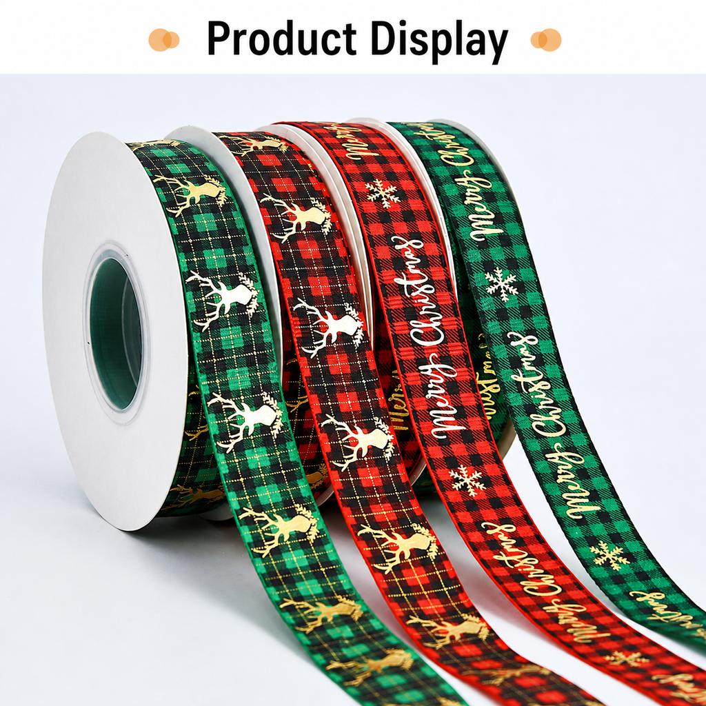 Gold Foil Checkered Christmas Ribbons 25 Yards/roll 2cm Width Assorted Set for Gift Wrapping Holiday Decor DIY Crafts