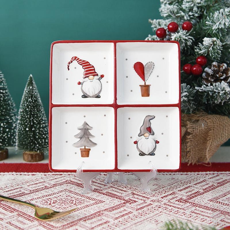 Nordic Square Ceramic Divider Plate Nordic Santa Claus Plate Christmas Decorative Tableware Ceramic Snack Plate Holiday Ornament