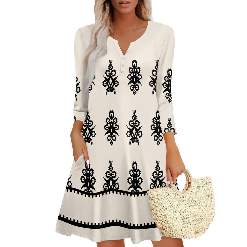 Women's Summer Dress Loose V Neck Three-quarter Sleeve Sundress With Pockets Dress