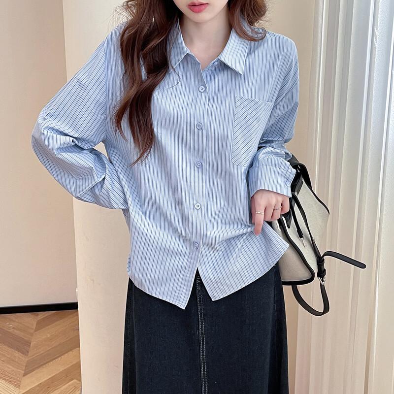 

TonLion Women s Blue Stripe Long Sleeve Button-Down Shirt L