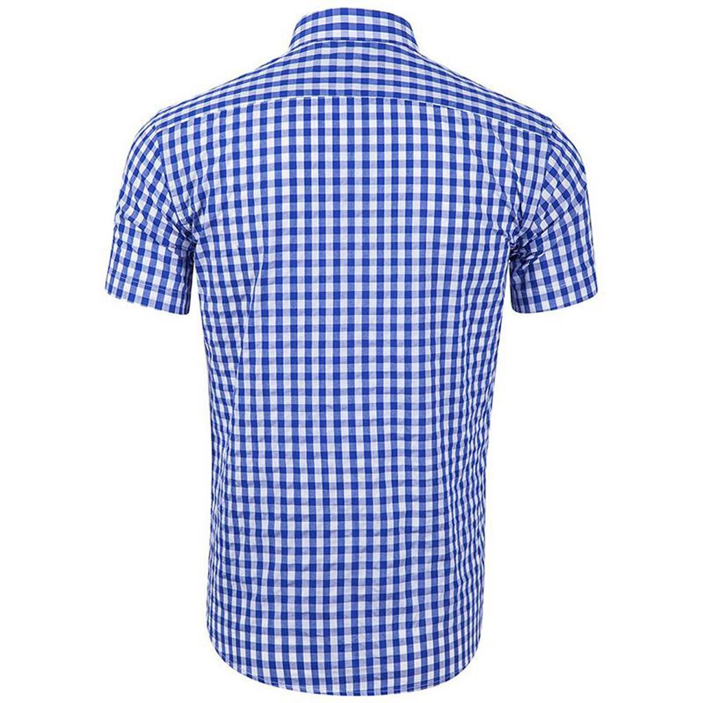 Men'S Lapel Short-Sleeved Shirt Casual Small Check Short-Sleeved Shirt
