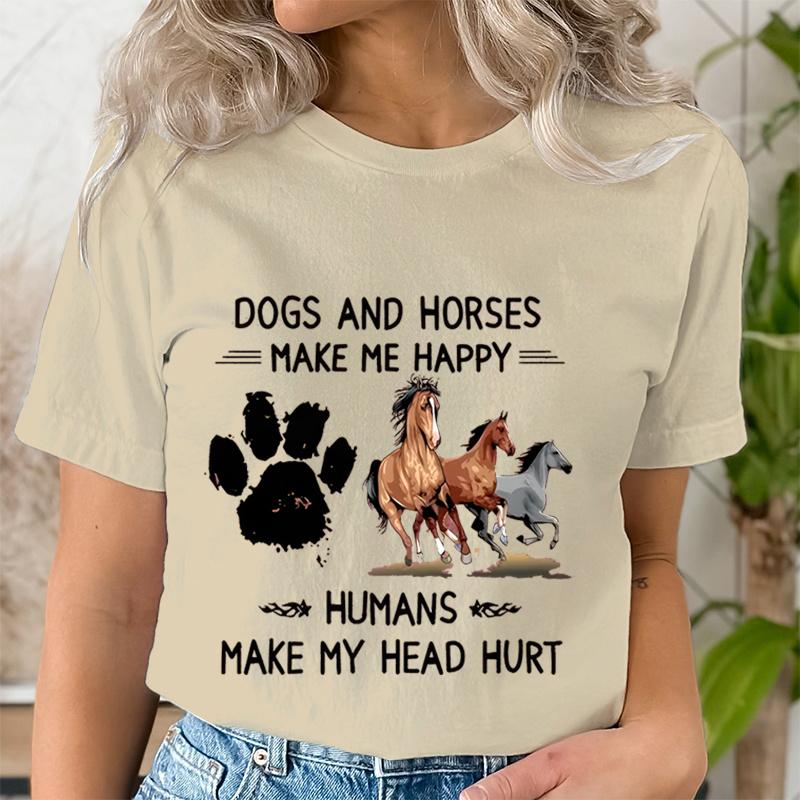 Dog Paw Wild Horses Graphics T Shirt Women Short Sleeve Shirt Dogs and Horses Make Me Happy Print Clothes Summer Female Tshirt