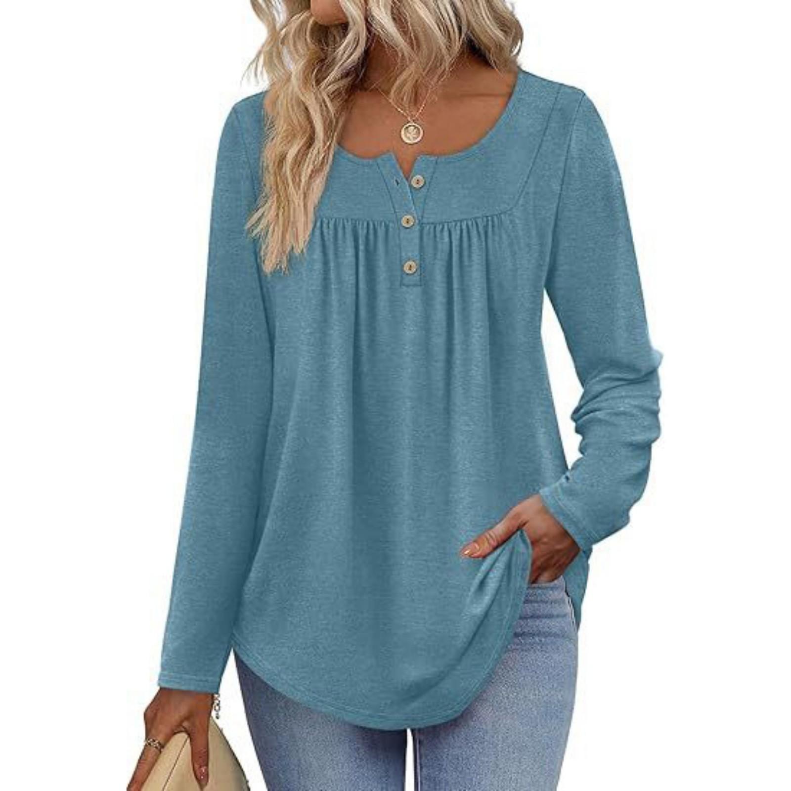 

Модная женская рубашка с длинным рукавом Модная футболка с круглым вырезом, повседневная, плиссированная, на пуговицах L синий