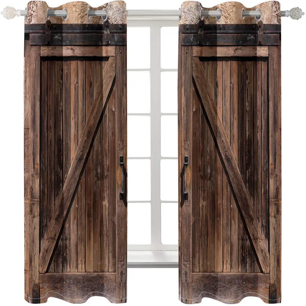 Two Piece Set of Curtains, Metal Grommets. Dark Brown, Barn Wooden Door. Polyester, with Dustproof and Waterproof Properties