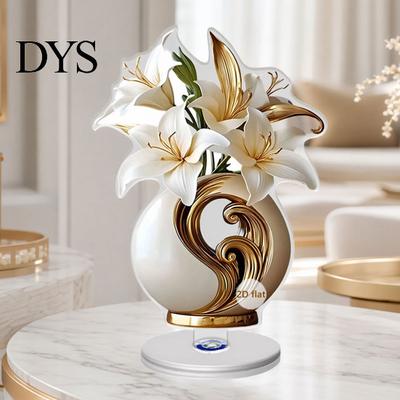 Kratzfeste Acryl-Dekoration 2D Flaches Blumenornament, 360-Grad-Drehendes Vasenornament mit Realistischem 3D-Blumendruck-Sockel, Tischdekoration