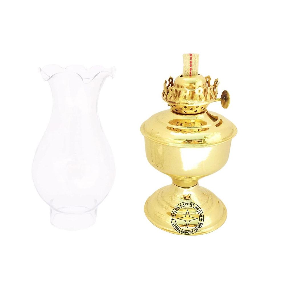 Brass Designer Table Lantern Glass Oil Lamp Oil Chimney Home Decoration 9.5 x 3 Inches, Pack of 1) Best for Gift Item
