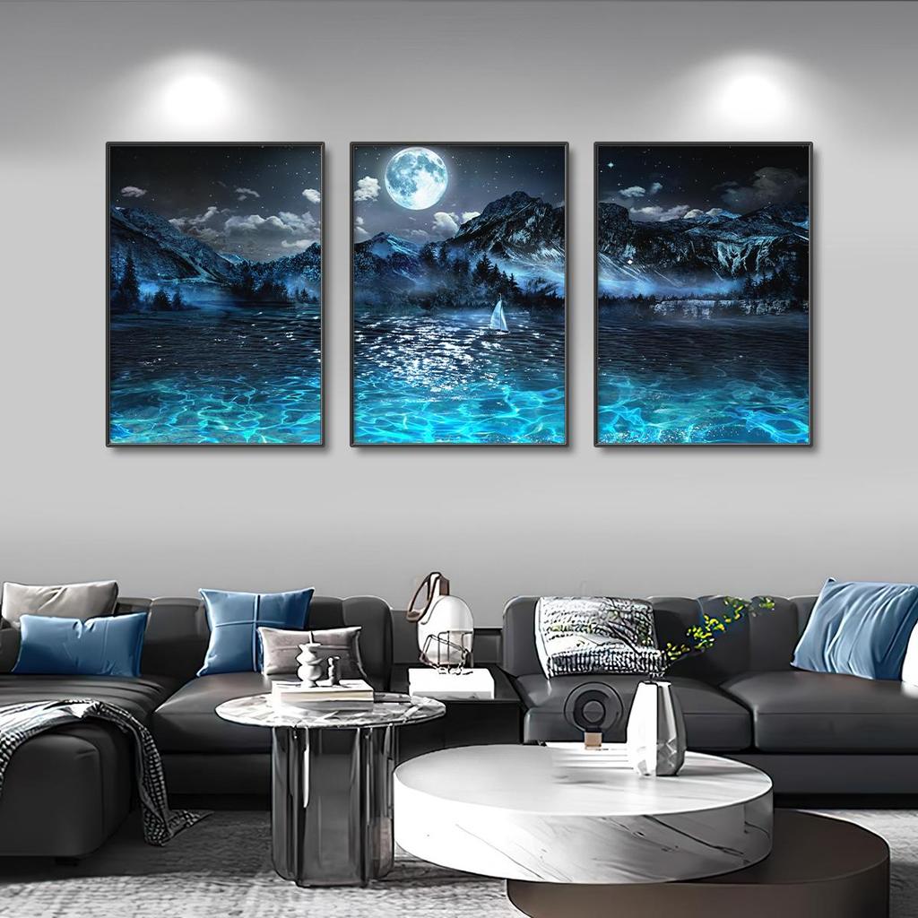 Sailboat on The Lake Deep Night Still Life Canvas Prints Moon Light Natural Landscape Poster Home Wall Art Living Room Decor