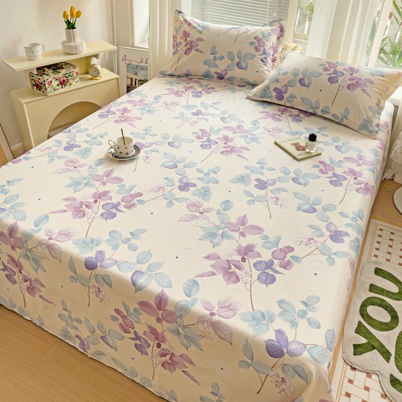 Watercolor Plant Leaves Bed Sheet Set 3Pcs 100% Cotton Bed Sheet with 2 Pillowcases Skin-friendly Comfortable Bedroom Bedspread