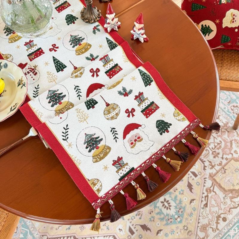 Polyester Christmas Table Runner with Edge Trim for Dining Tables, Entry Tables and Seasonal Family Hosting Needs