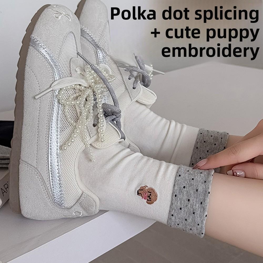 Female Embroidered Puppy Mid-calf Socks for Autumn and Winter, Sweet and Loose Postpartum Socks, Cartoon Socks