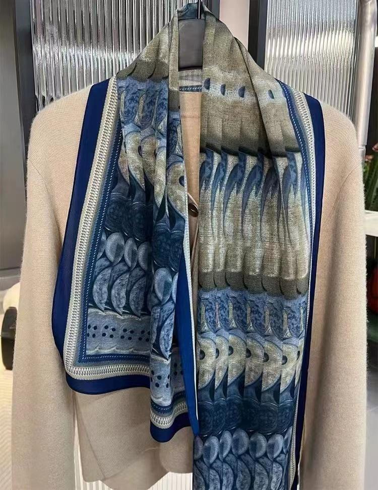 Fashion new long silk scarf women's Korean version line printing simulation silk medium length thin scarf sunscreen shawl