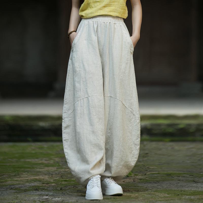 Pantaloni larghi a lanterna in ramiè effetto invecchiato da donna - Cotone e lino retrò per meditazione e Tai Chi