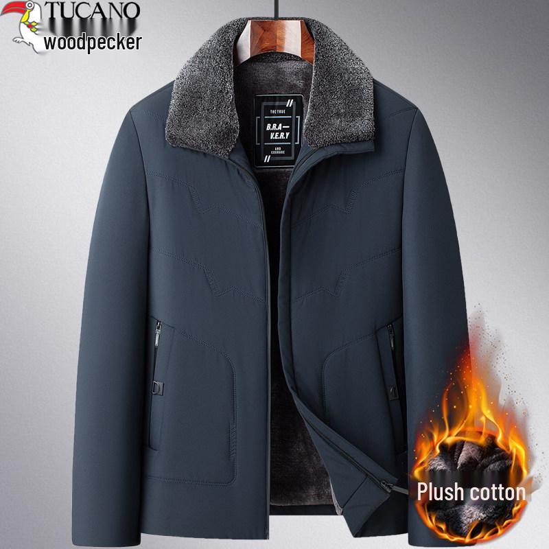Woodpecker Men's Fleece-Lined Winter Jacket: Thick, Cotton-Padded, Cold-Proof Coat for Middle-Aged and Elderly.