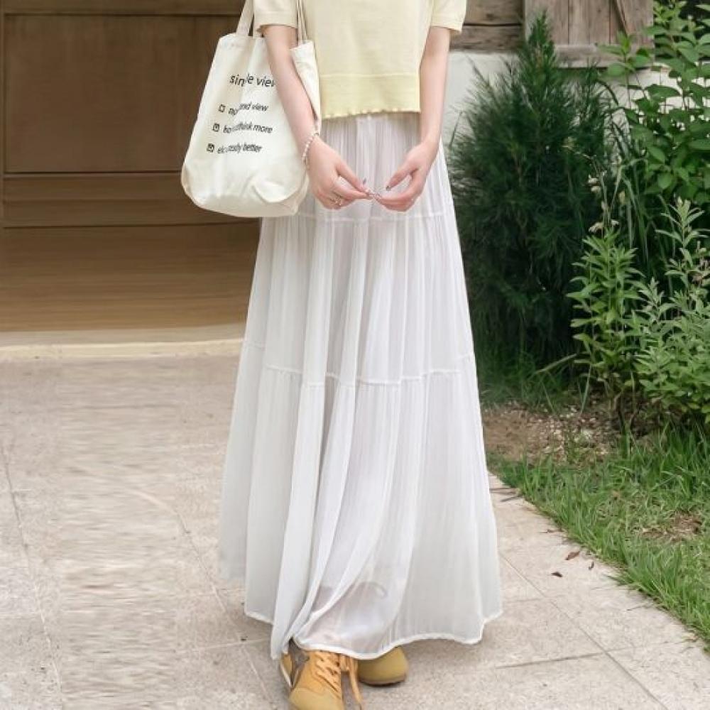Navava Women S Cool Lovely paStel Shirring Pleated Long Skirt nS501