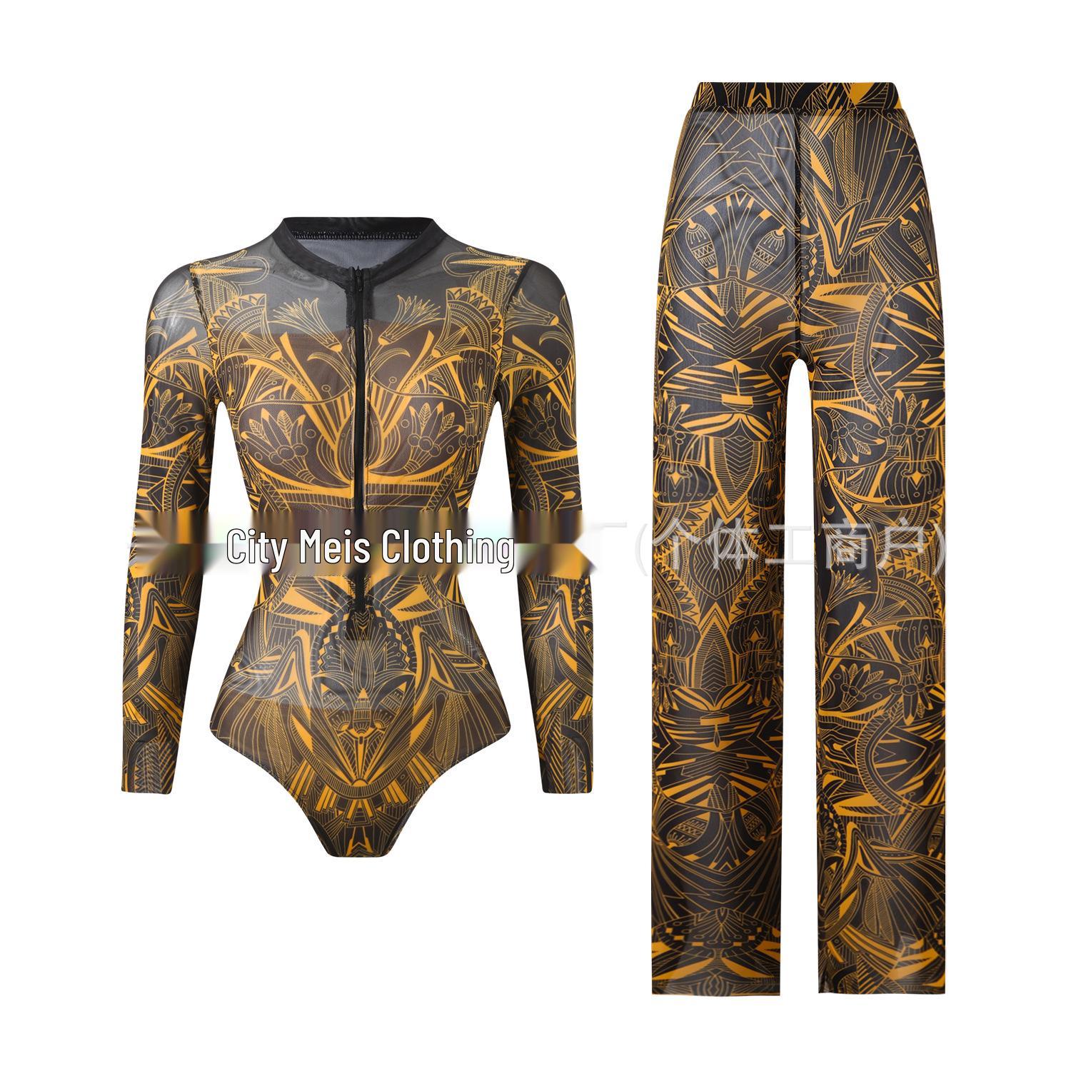Damen-Badeanzug mit langen Ärmeln, Mesh-Stoff, Sonnenschutz, mit Hose M gray