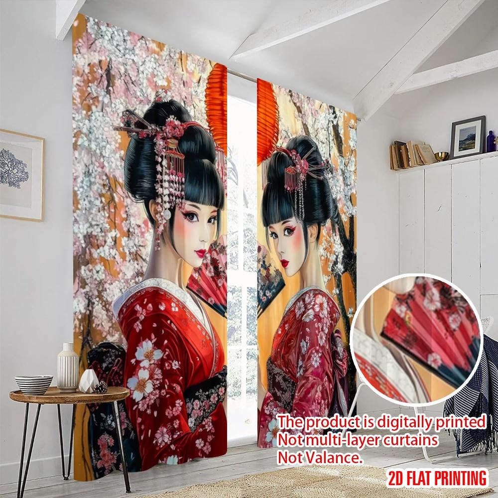 2 Stück, 2D-Flachdruck Vorhang Beliebte Kirschblüten-Eleganz Vielseitiger Polyesterstoff (ohne Stange) Dekorationen Innen