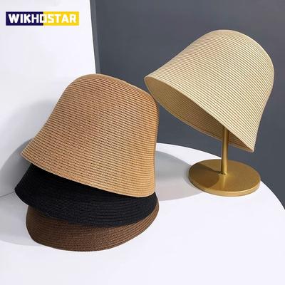 Ladies Summer All-match Shade Straw Hat Holiday Cool Hat Seaside Beach Fisherman Hat Foldable Japanese Bell-shaped Pot Femal