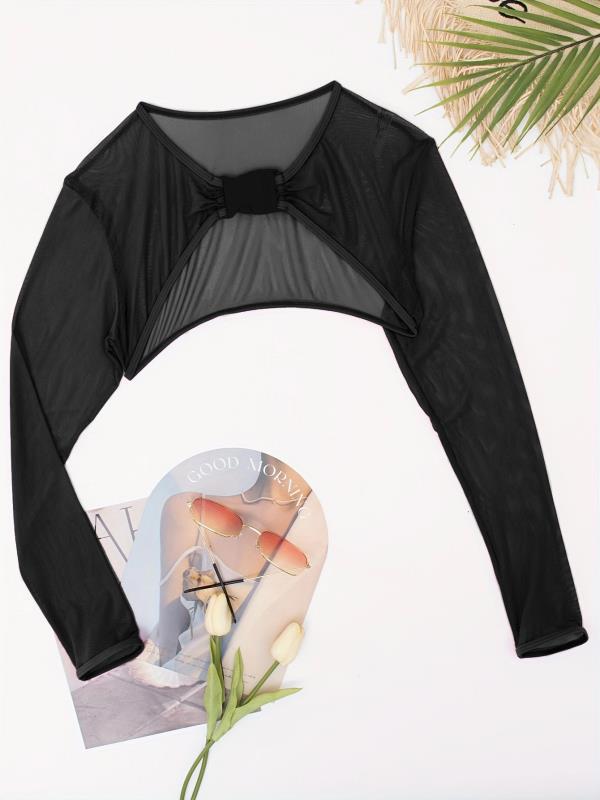 2025 Damen Langarm Mesh Badeanzug Überwurf: Einfarbige Bademode für den Strand