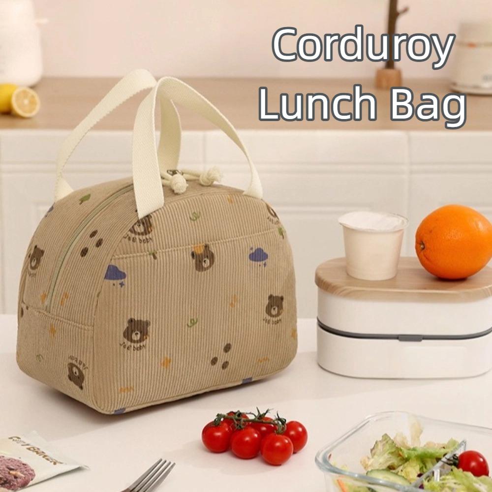 New Corduroy Lunch Bag Thermal Insulated Cute Bear Bow Picnic Food Pouch Multi-functional Storage Handbag for Outdoor Travel