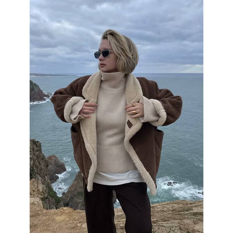 Winter Design Fashion Women Fur Collar Coat Long Sleeve Thick Warm Zipper Jacket Casual Loose Lamb Wool Outwear