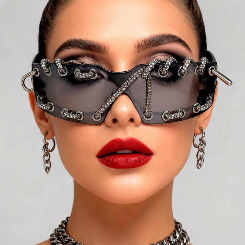 Cyberpunk Y2K Frameless Punk Flash Diamond Sunglasses Metal Ring Rivet Retro Futuristic Party Sunglasses