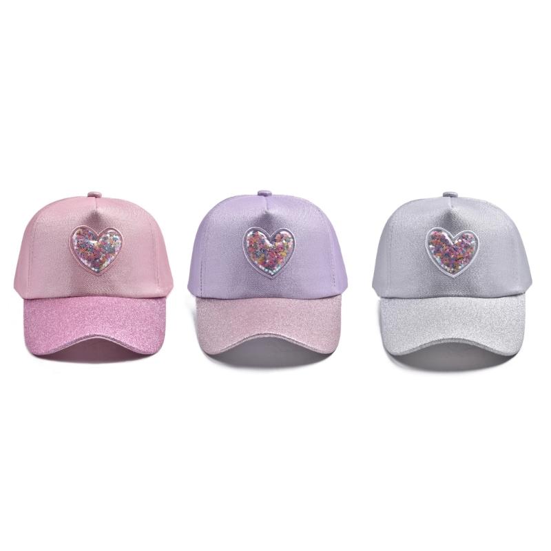 Childrens Adjustable Baseball Hat Glittering Heart Pattern Soft Polyester Fabric For Outdoor Activity And School